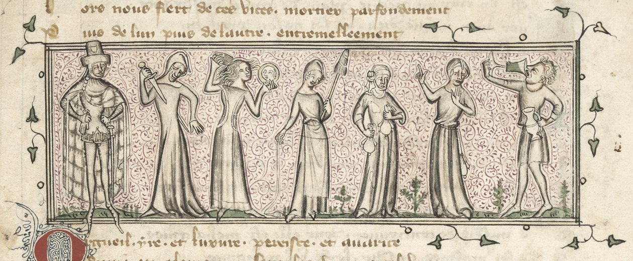 Yates Thompson 21, f. 165, Siete pecados capitales, c.1380 (vitela) de French School