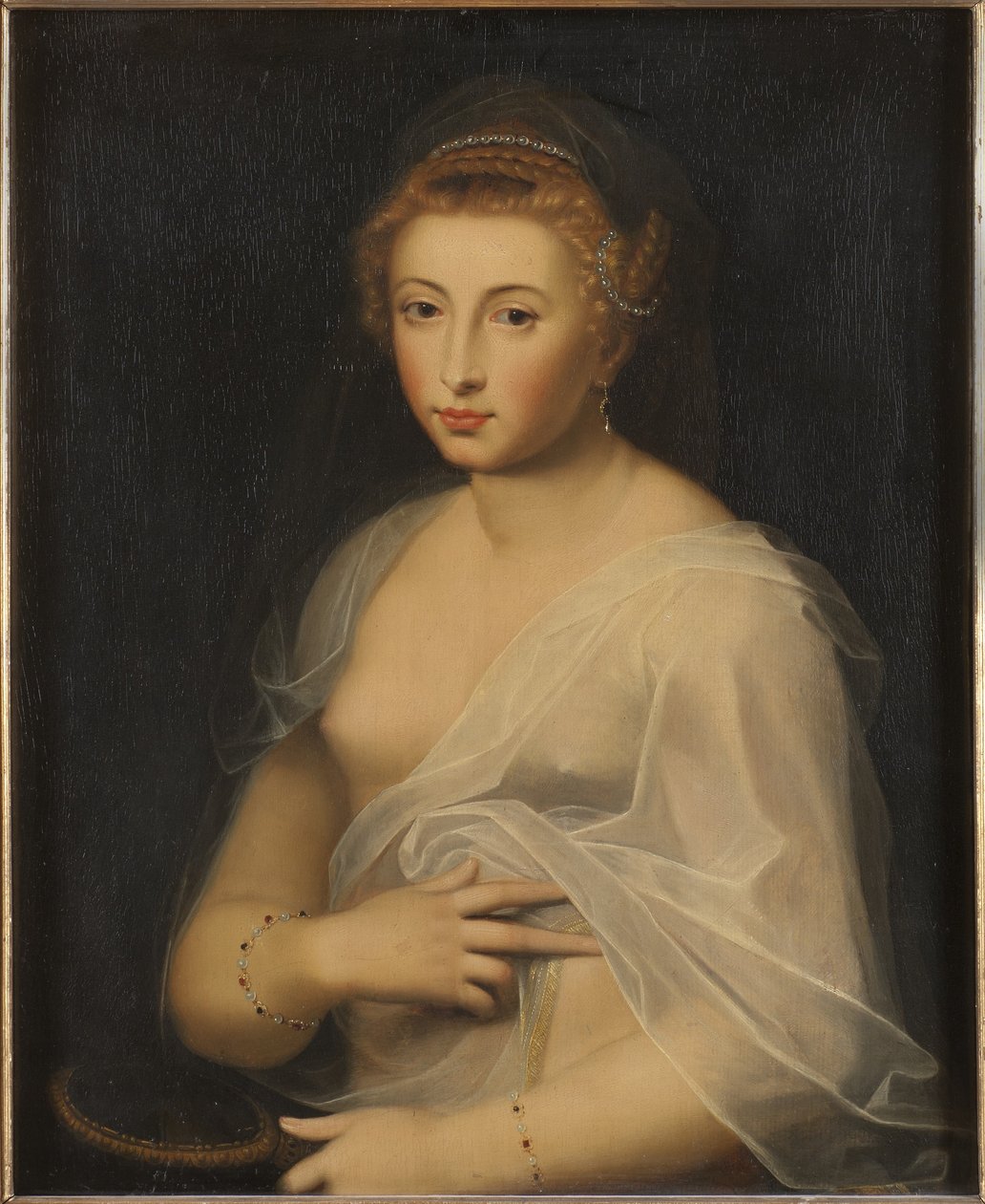 Joven dama sosteniendo un espejo de French School