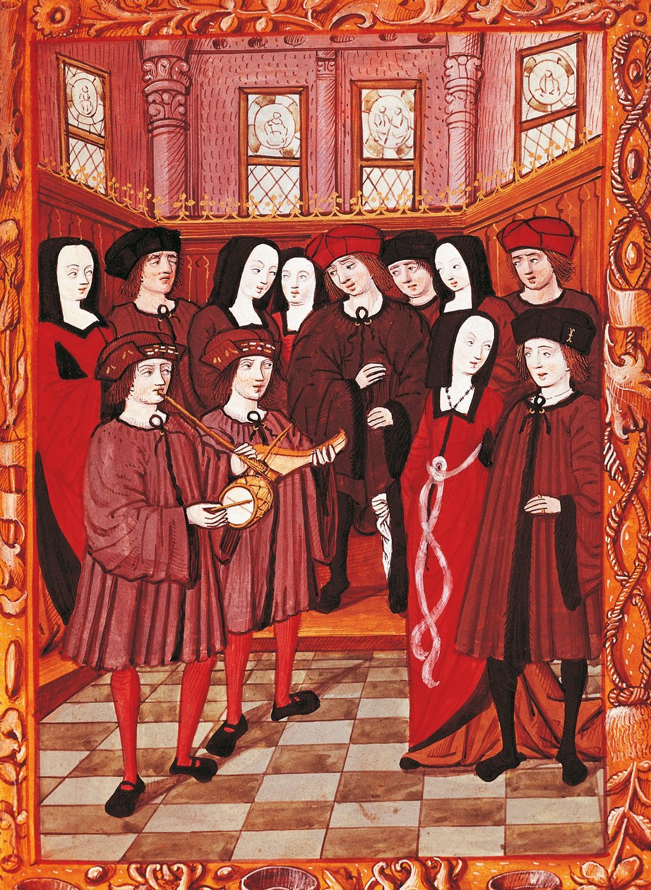 Joven pareja escuchando a músicos, imagen de un manuscrito francés de French School
