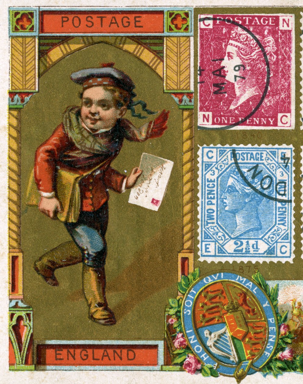 Joven cartero con su saco de cartas entregando una carta en la Inglaterra victoriana, finales del siglo XIX de French School
