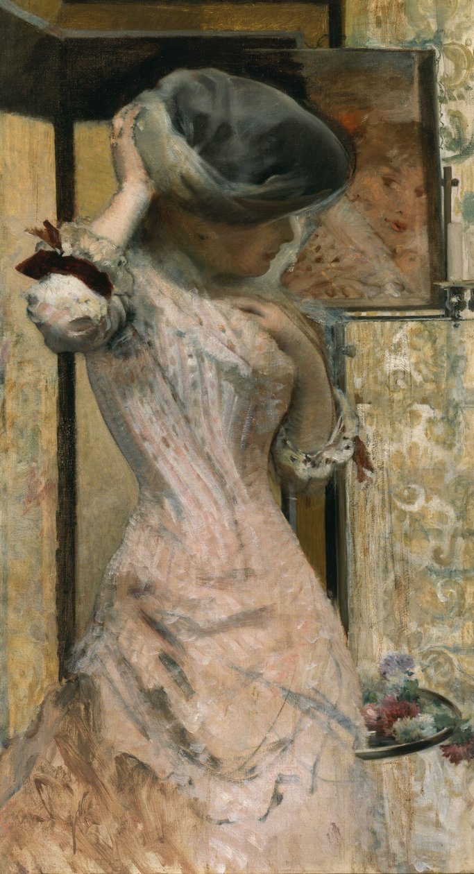 Joven frente al espejo, c.1879-83 (óleo sobre lienzo) de French School