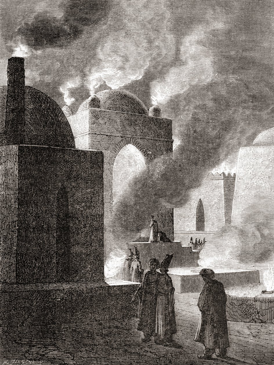 Adoradores del fuego zoroastrianos en un Templo de Fuego en Bakú, Azerbaiyán, de 