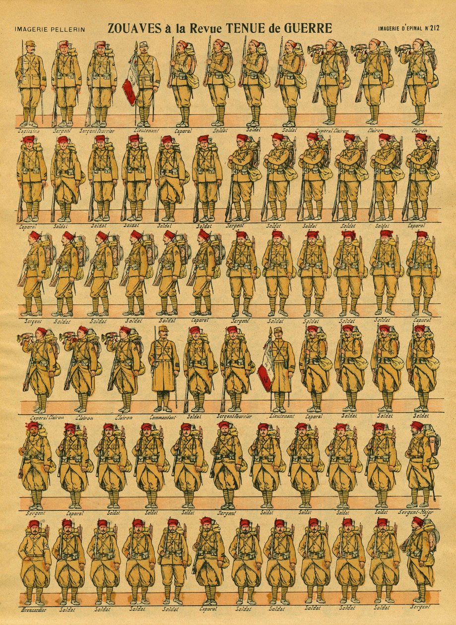Zuavos, una unidad de infantería del ejército francés creada en 1830 por el General Clauzel para la conquista de Argelia. Imagen de Epinal de French School