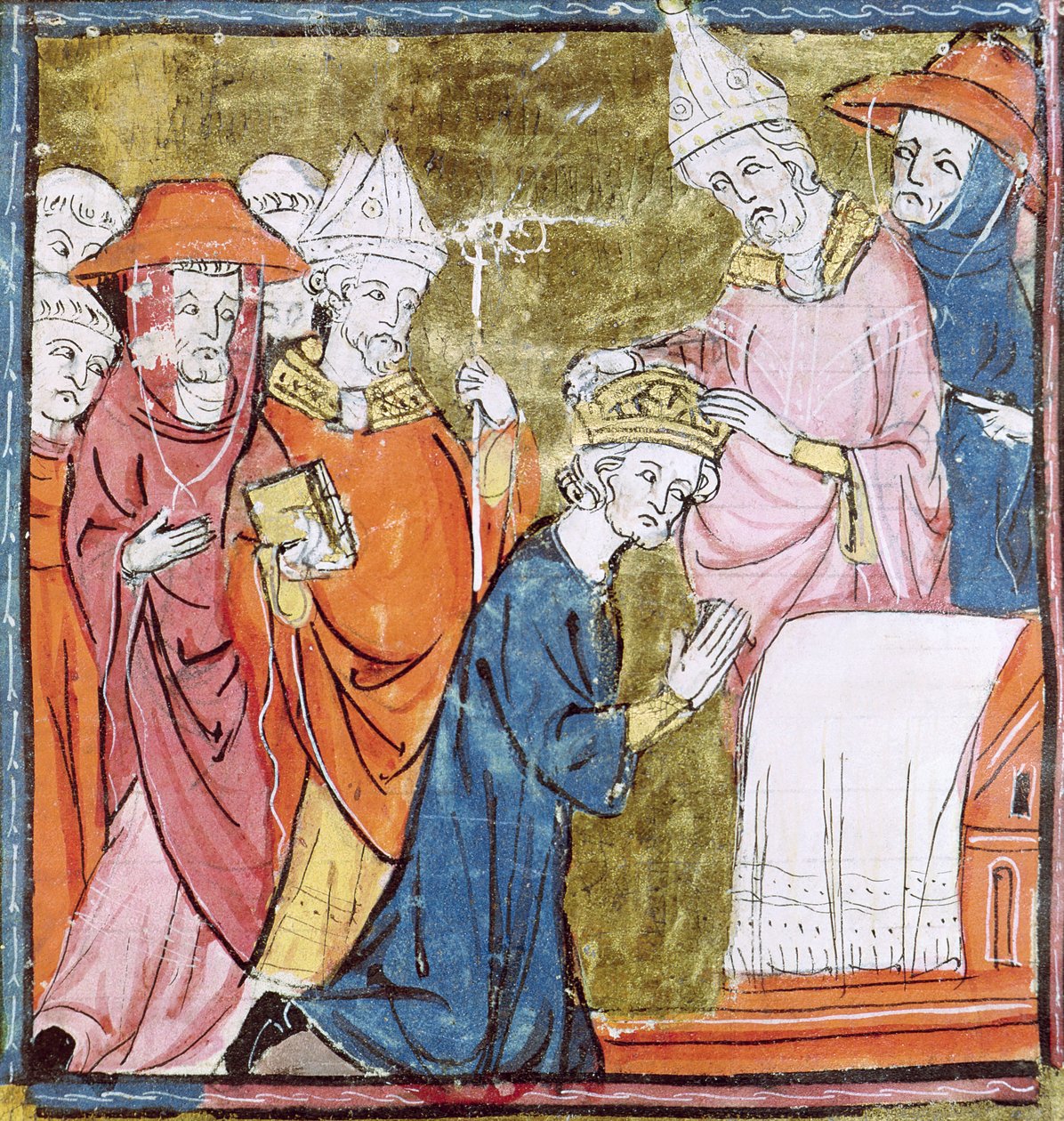La coronación del emperador Carlomagno (742-814) por el Papa León III (c.750-816) en San Pedro, Roma en 800, Grandes Crónicas de Francia, 1375-79 de French School