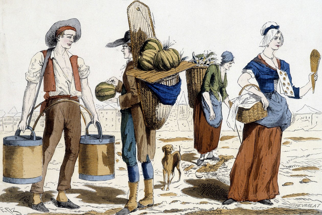 Ilustración de los trajes de París en el siglo XVIII: aguador, mercader de melones, chiffonnier, mercader de placeres. de French School