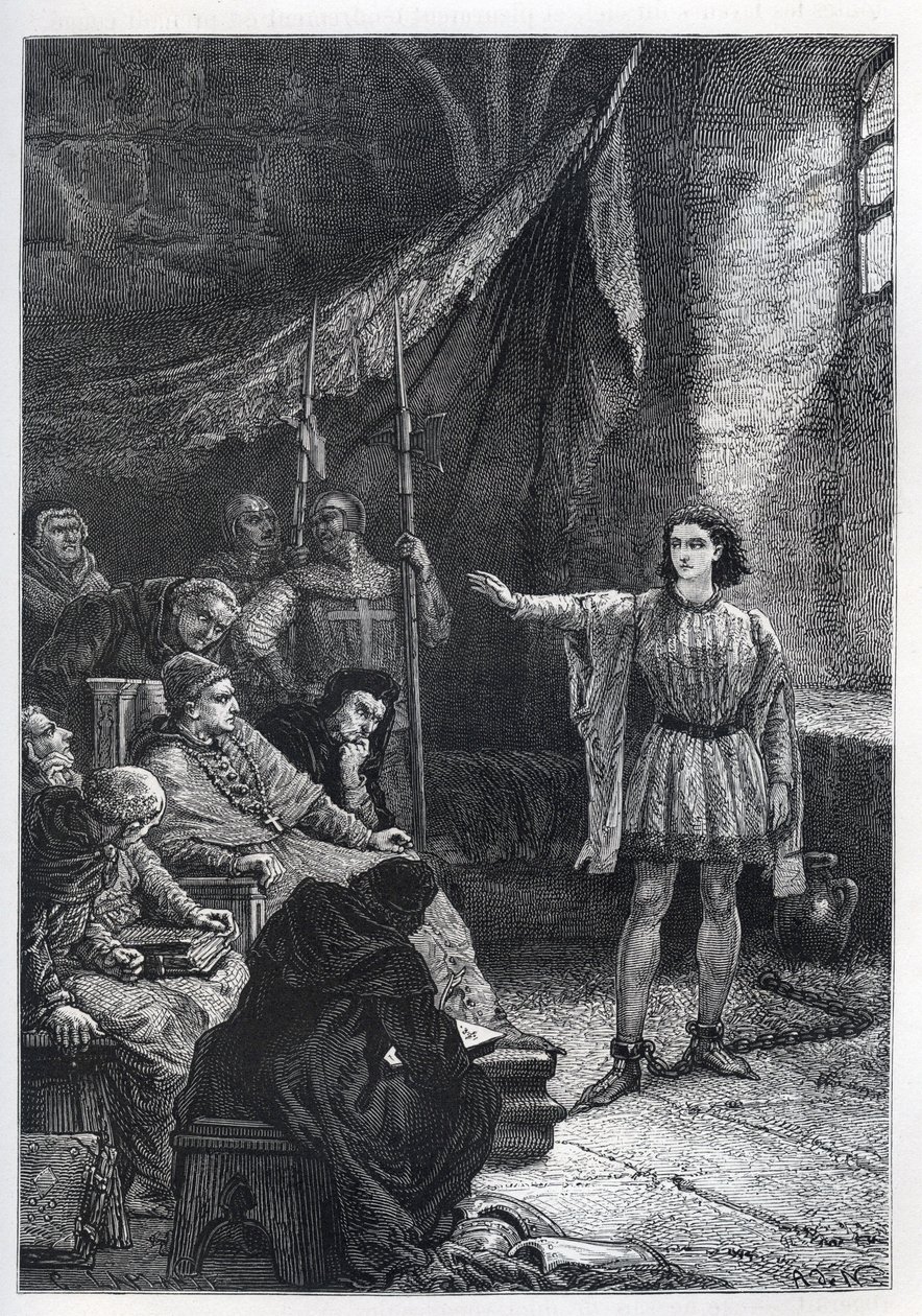 Juana de Arco en prisión - 1430 Juana de Arco Proceso Rouen por el Obispo Cauchon - grabado de 