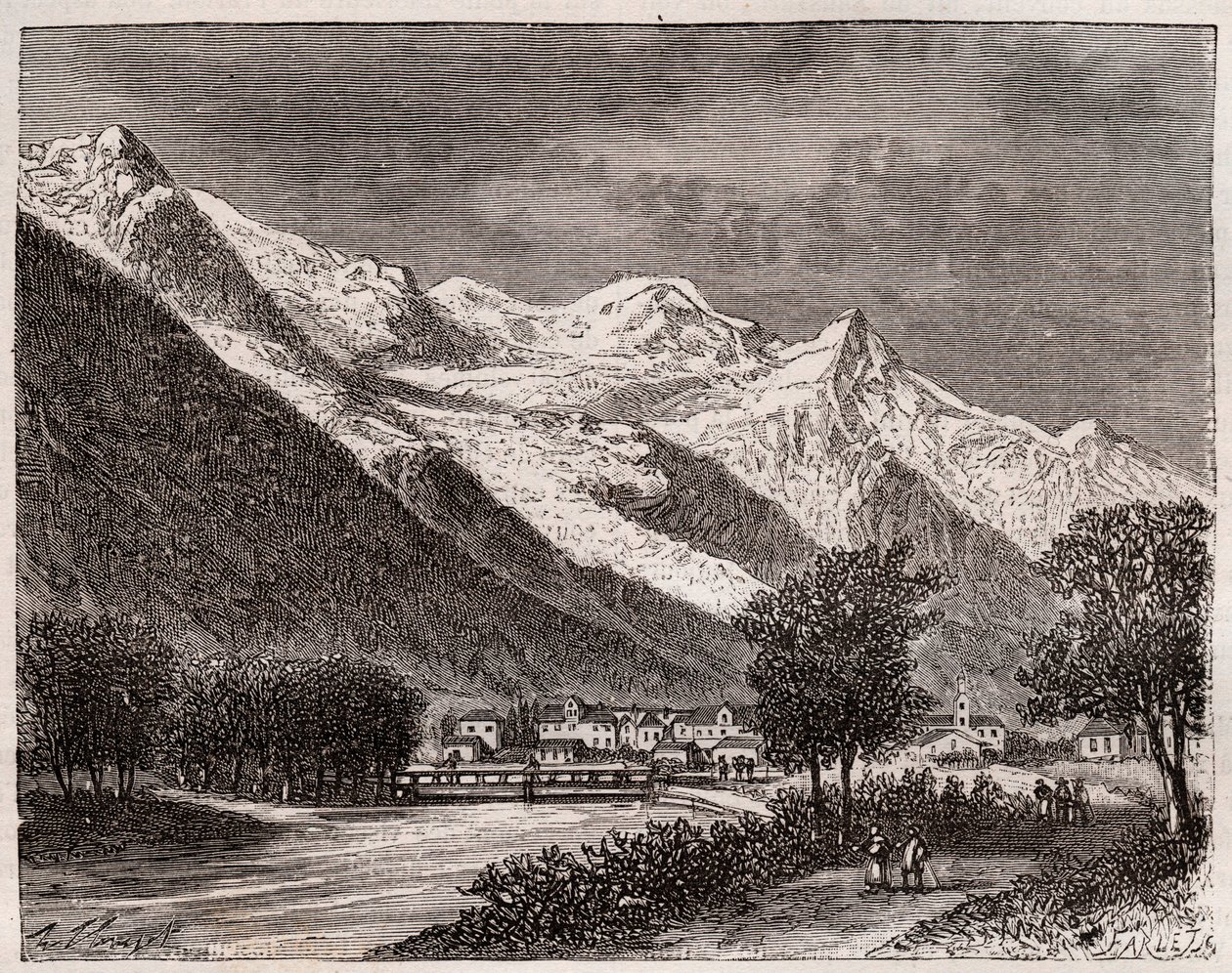 El valle de Chamonix y el Mont Blanc - grabado en “La France illustrée: géographie, histoire, administración statistique” por V.A. Malt-Brown. 1884 de French School