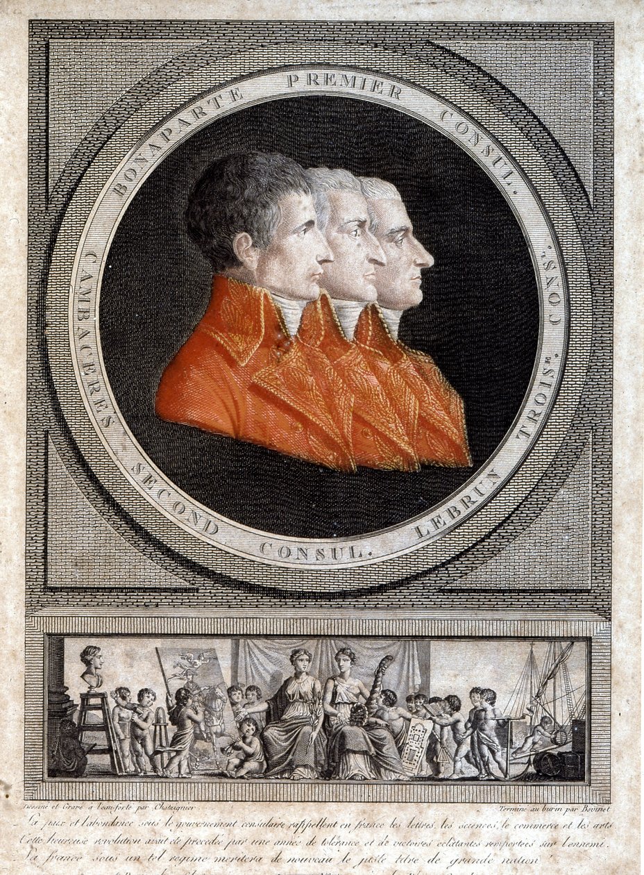 Retrato de los tres cónsules, Napoleón Bonaparte (1769-1821), Jean Jacques Regis (Jean-Jacques-Regis) de Cambaceres (1753-1824) y Charles Francois Lebrun (1739-1824) de French School