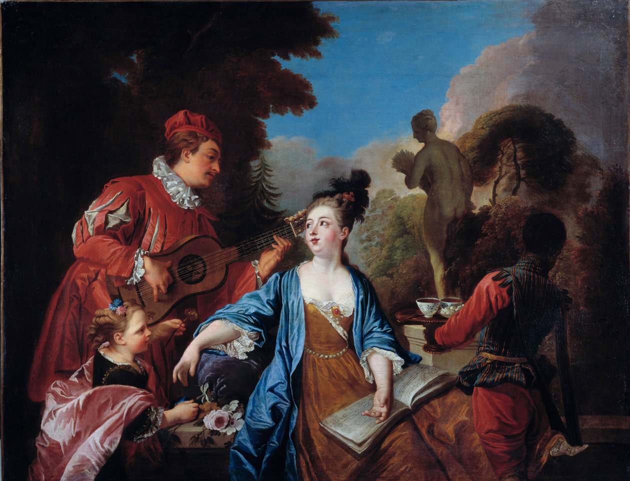 Jóvenes de la nobleza tomando té en el jardín de French School