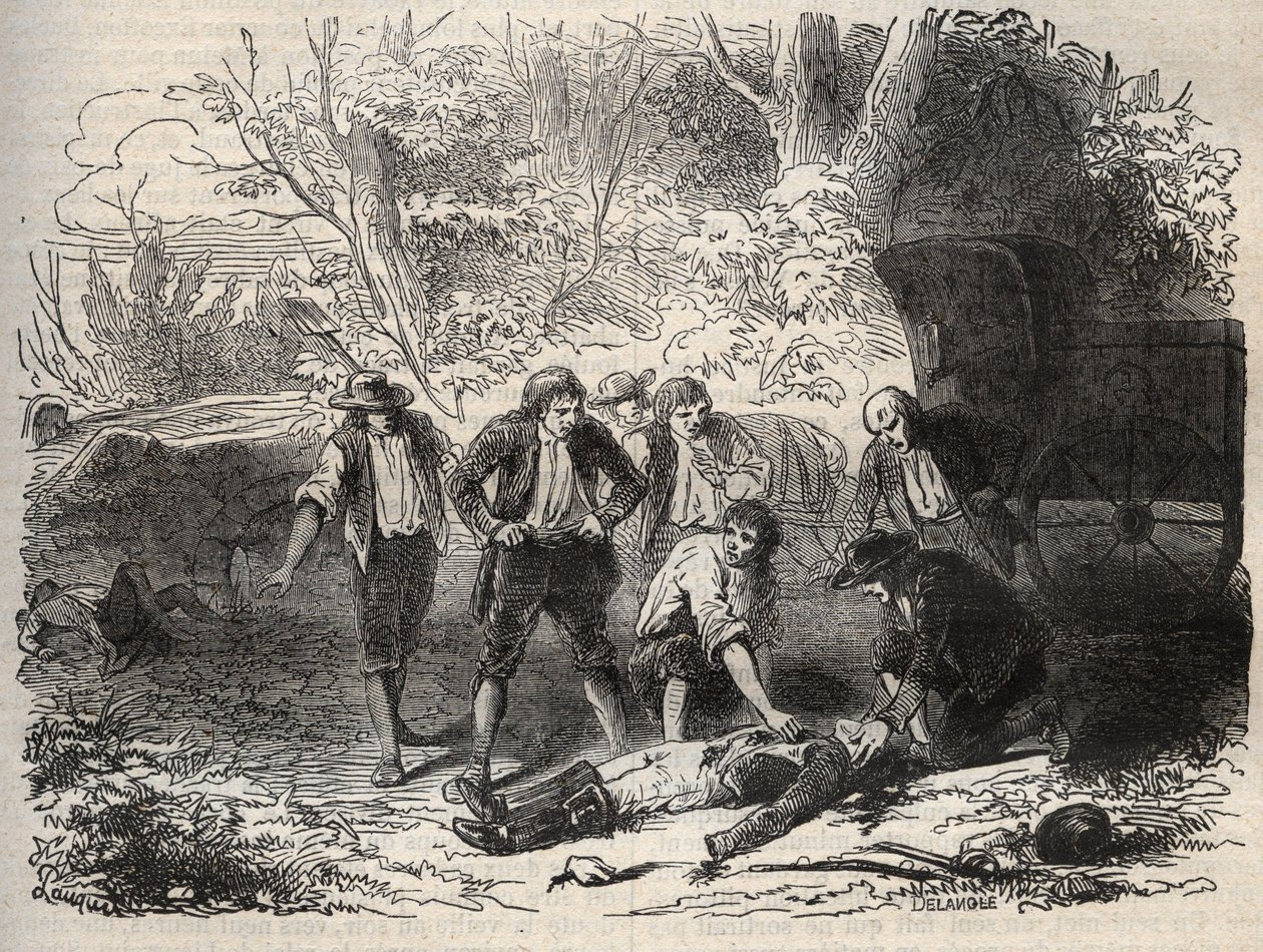 El caso del correo de Lyon - la malle-poste es atacada en Seine et Marne por 5 individuos el 28 de abril de 1796 - Grabado en "Causas célebres de todos los pueblos" por Armand Fouquier (1817-18?) 1858-1867 - colección privada de French School