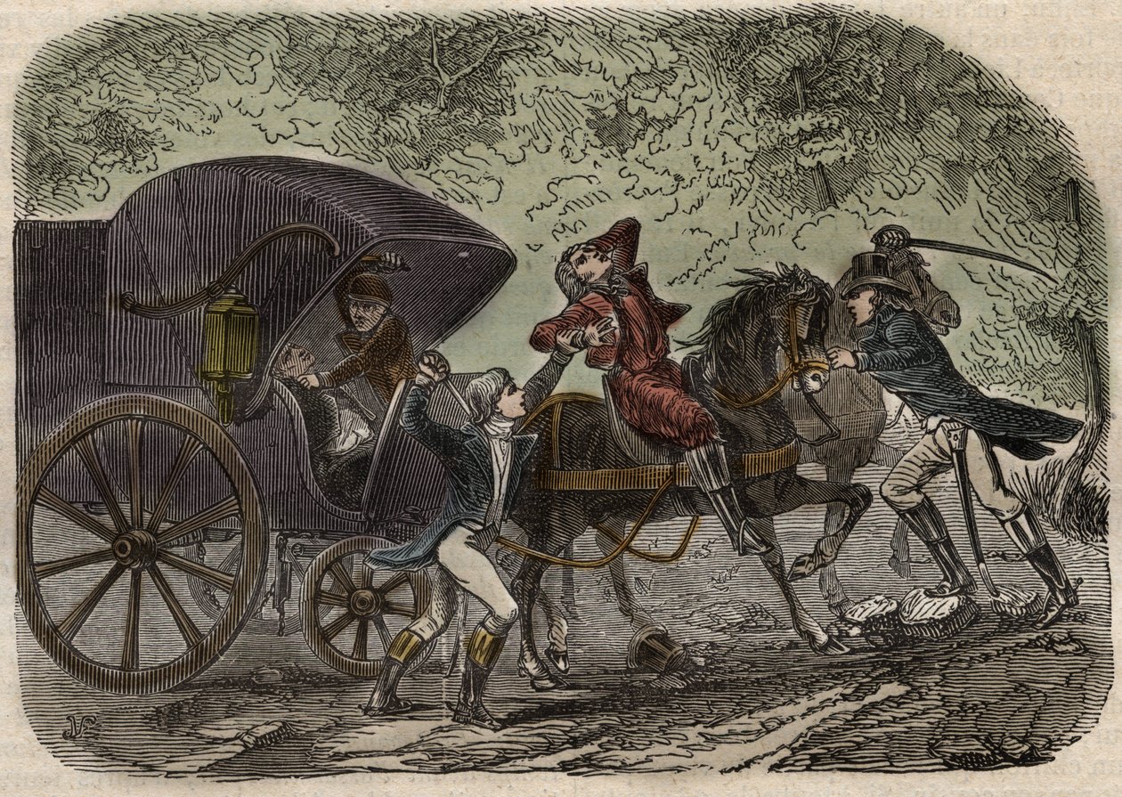 El asunto del correo de Lyon - La malle-poste es atacada en Seine et Marne por 5 individuos el 28 de abril de 1796 - Grabado en “Causas célebres de todos los pueblos” por Armand Fouquier (1817-18?) 1858-1867 - Colección privada de French School