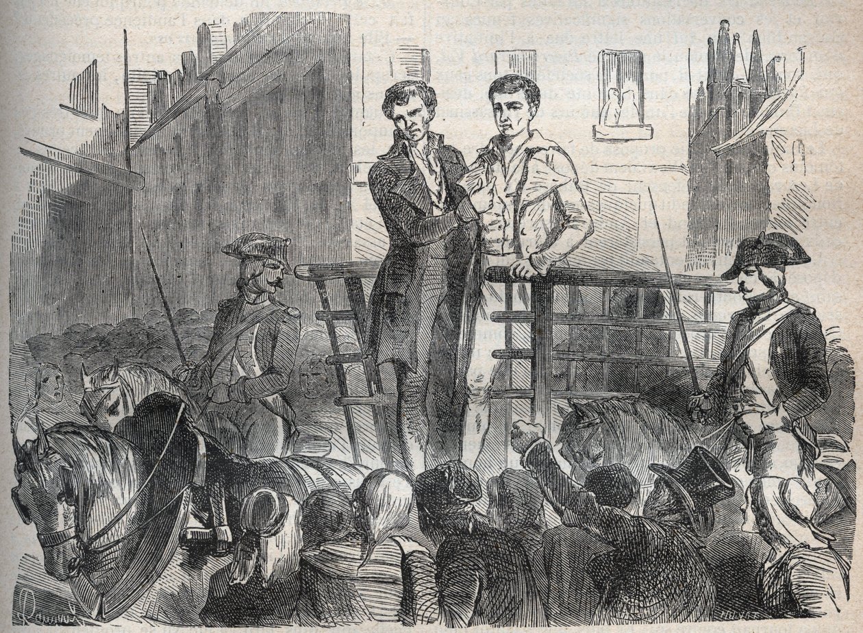 El caso del correo de Lyon - Caso del correo de Lyon: Joseph Lesurques y Couriol van a la guillotina el 3 de octubre de 1796 - Grabado en Causes celebres de tous les peuples por Armand Fouquier (1817-18?) 1858-1867 - colección privada de French School