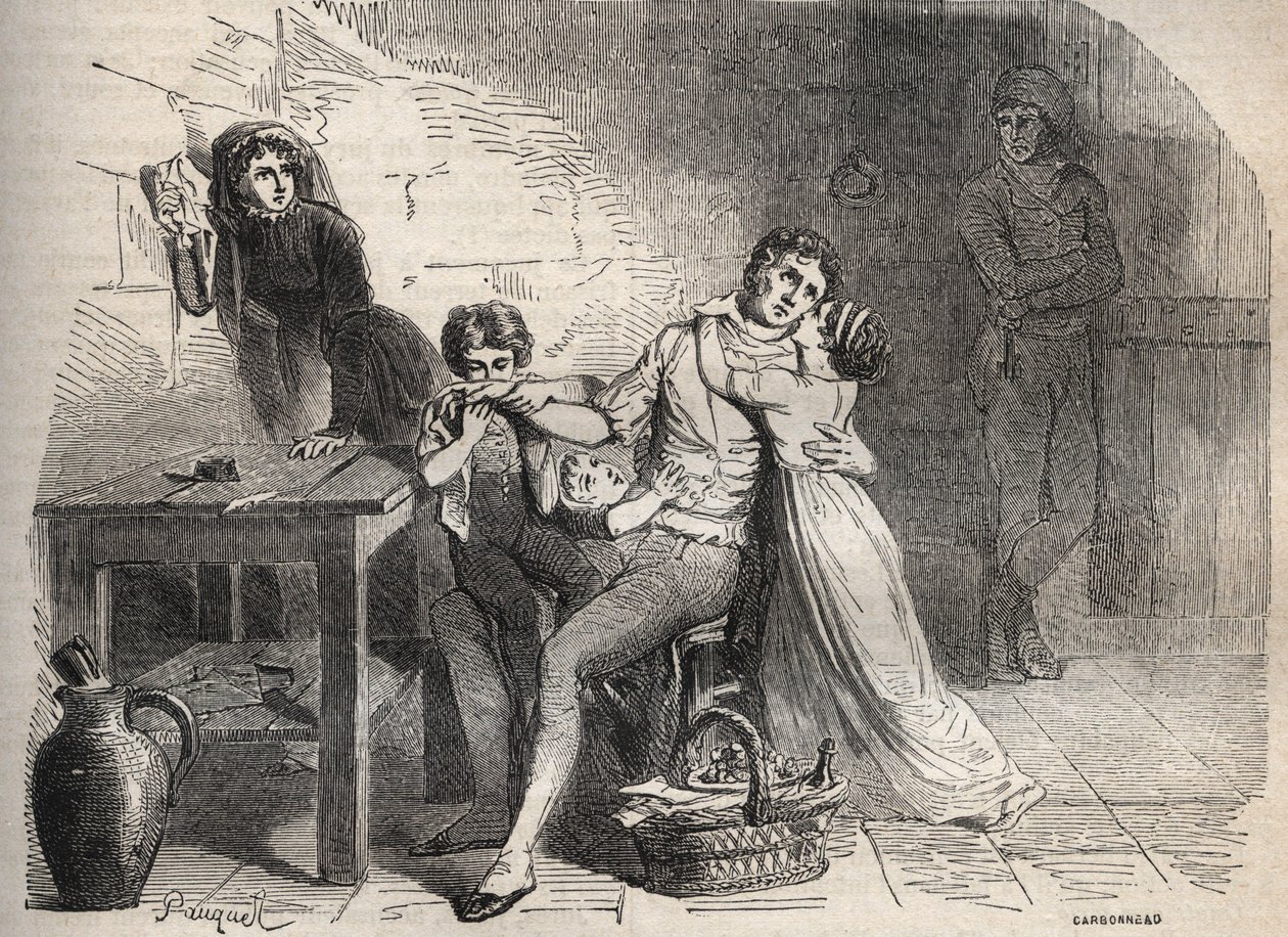 El caso del correo de Lyon: La despedida de Joseph Lesurques a su familia: supuestamente involucrado en el caso del correo de Lyon en 1796, fue acusado erróneamente de haber atacado el baúl del correo de Lyon y fue guillotinado - Grabado en “ de French School