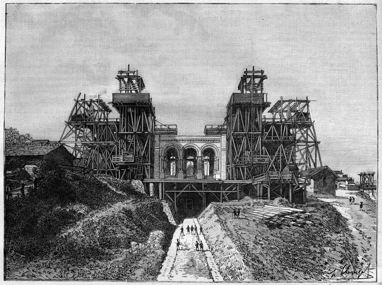 el sitio de construcción de la iglesia del Sagrado Corazón en Montmartre, en “El Mundo Ilustre” 1886. de French School