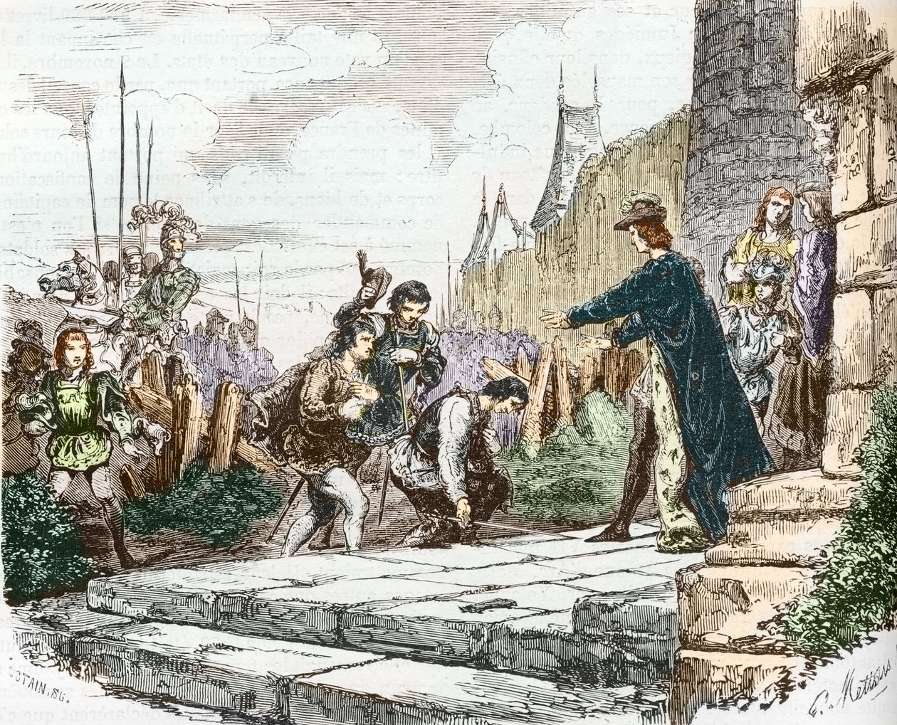 El delfín Luis (luego Luis XI), el duque Juan II de Alençon y el duque Carlos I de Borbón piden perdón al rey Carlos VII de French School