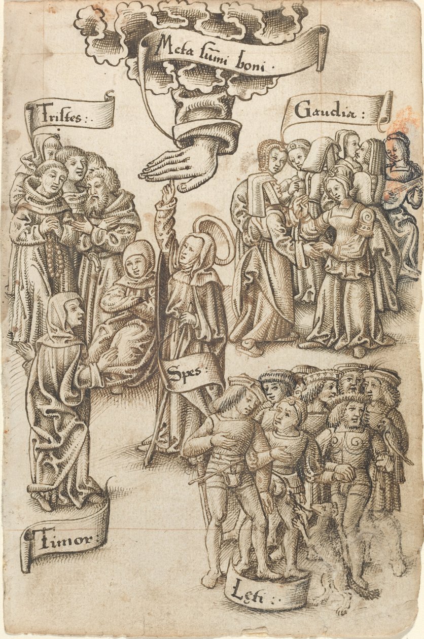 Esperanza, alcanzando el cielo, está entre hombres tristes y felices, alegrías y miedo [fol. 19 recto] de French early 16th Century