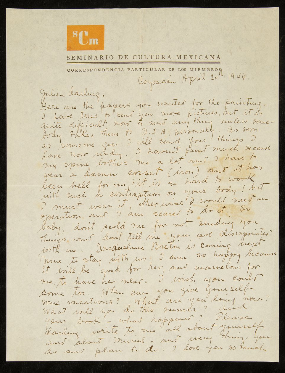Carta de Frida Kahlo a Julien Levy, en inglés, 20 de abril de 1944 (pluma y tinta sobre papel) de Frida Kahlo