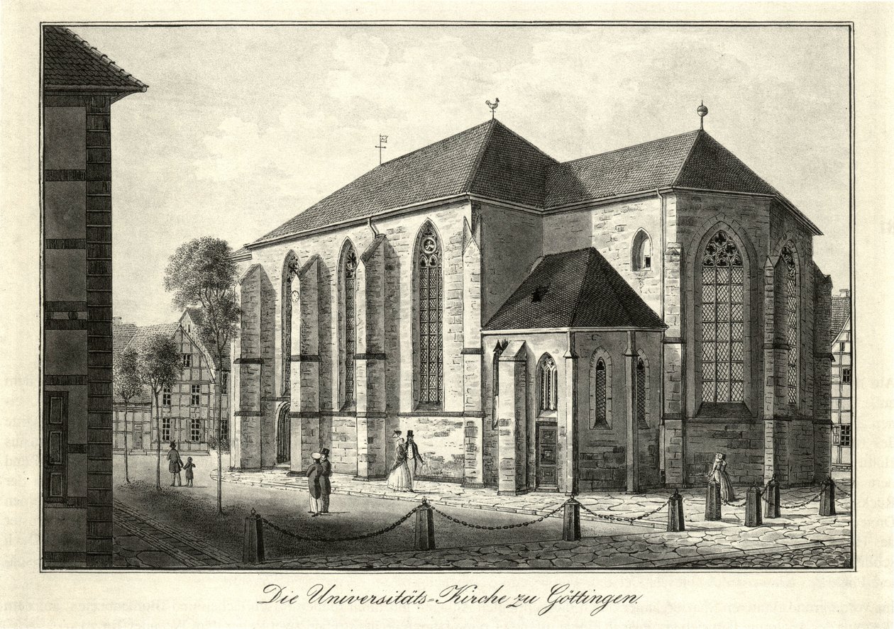 Vista de la Iglesia de San Nicolás y el Cementerio de San Nicolás en Gotinga desde el sureste, utilizado desde 1822 como Iglesia Universitaria de Friedrich Besemann