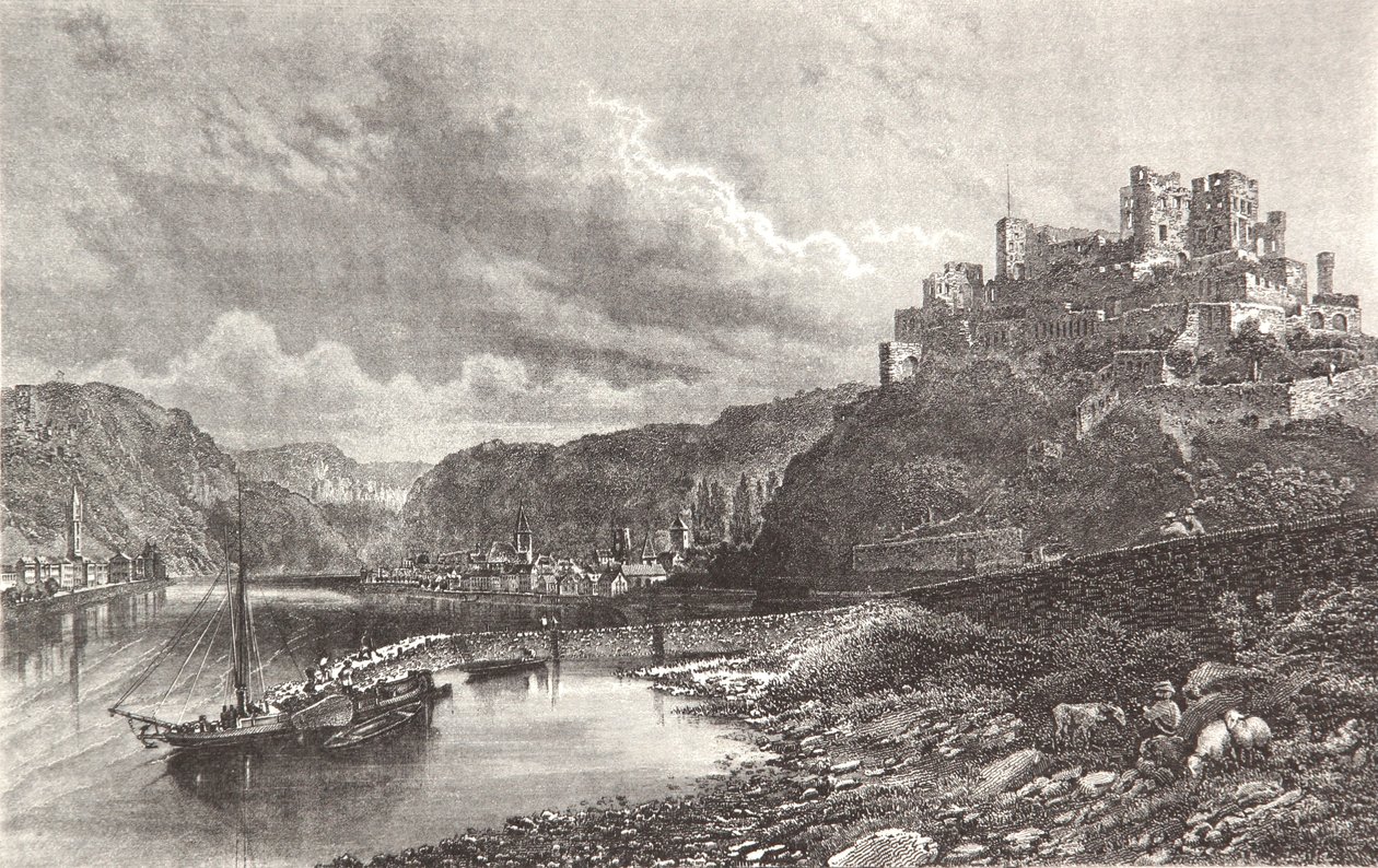 Sankt Goar, grabado en acero de un álbum del Rin de Pierre Joseph Redouté