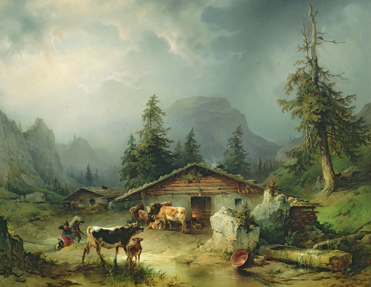 Cabaña alpina en tiempo lluvioso, 1850 de Friedrich Gauermann