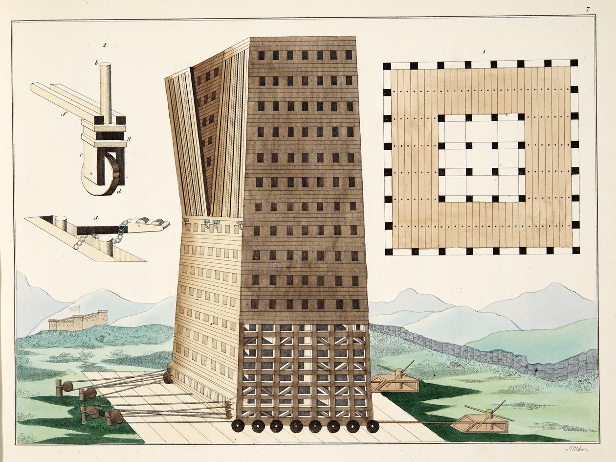 Torre de Demetrio Poliorcetes (336-283 a.C.) durante el asedio de Rodas en 305 a.C., lámina de 