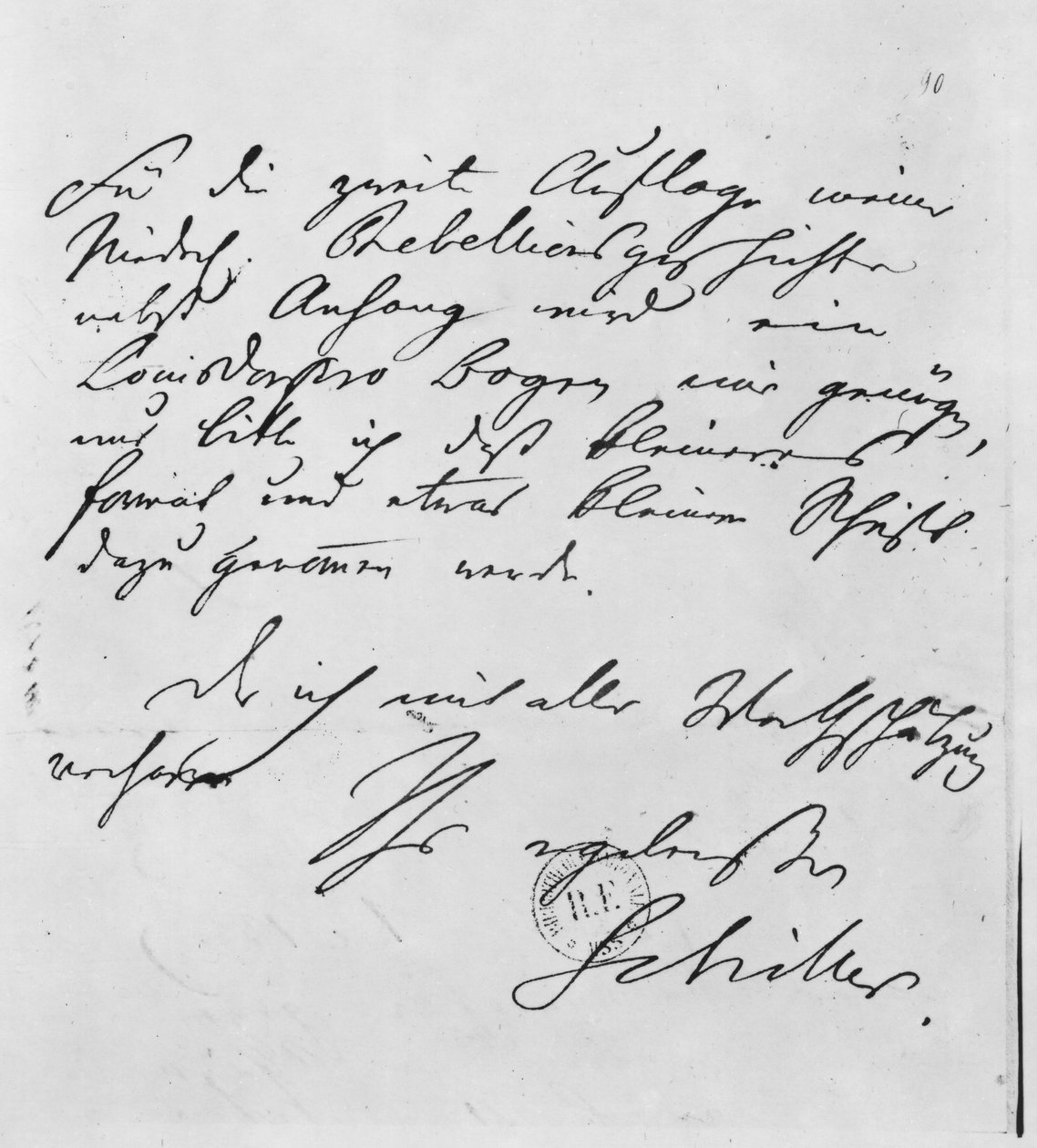 Página de texto con su firma de Friedrich Schiller