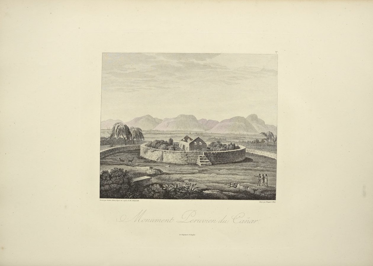 Monumento peruano de Cañar, dibujado por Gmelin, grabado por Bouquet, ilustración de 