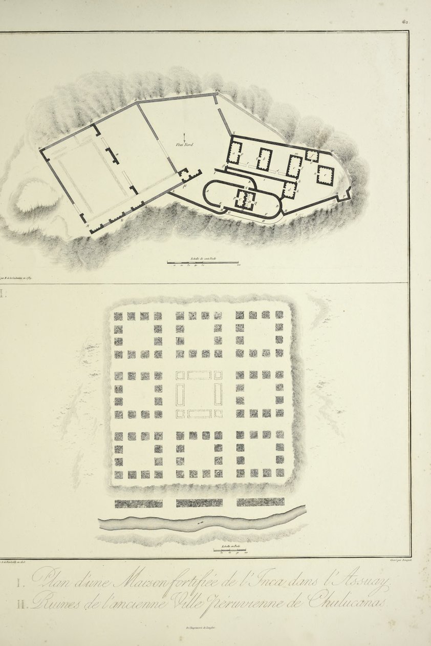 Plano de una vivienda inca fortificada en Assuay; y ruinas de la antigua ciudad peruana de Chulucanas, grabado por Bouquet, ilustración de 