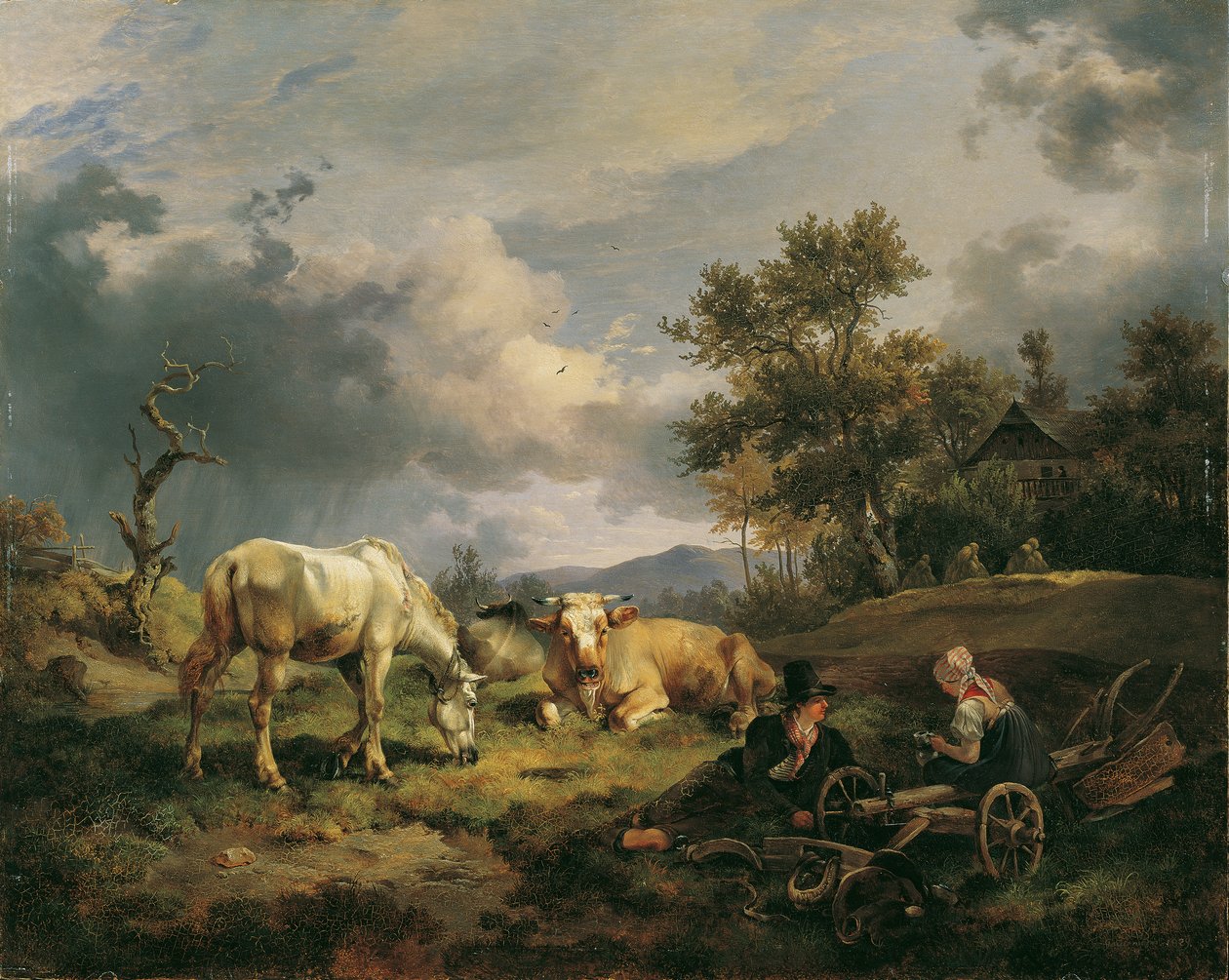 Joven pareja campesina descansando en el campo de Friedrich August Mathias Gauermann