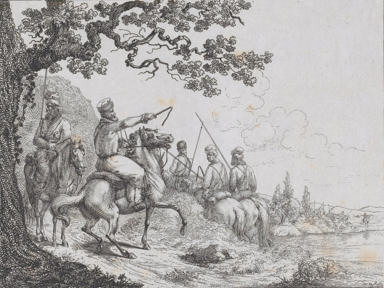 Cosacos cabalgando a lo largo de una ribera de Friedrich August de La Belle