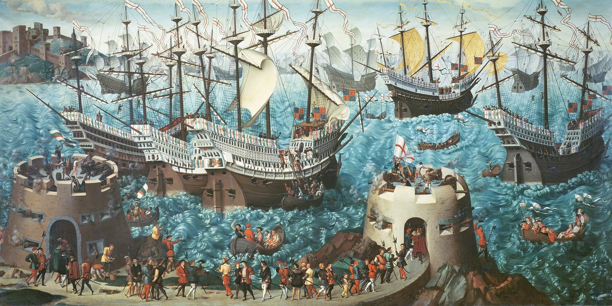 Embarque de Enrique VIII (1491-1547) a bordo del Henry Grace a Dieu en 1520, copiado de una pintura de Vincent Volpi de Friedrich Bouterwek