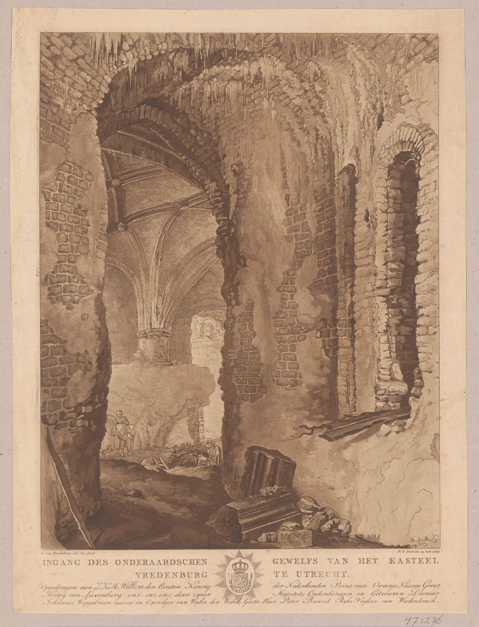 Vista de la bóveda subterránea del castillo de Vredenburg en Utrecht
Entrada a la bóveda subterránea del castillo de Vredenburg en Utrecht (título en el objeto) de Friedrich Christoph Dietrich