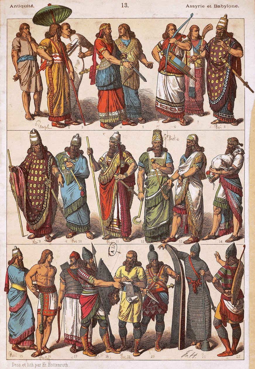 Trajes de asirios y babilonios, por Friedrich Hottenroth (1840-1917), litografía, civilización asirio-babilónica de Friedrich Hottenroth