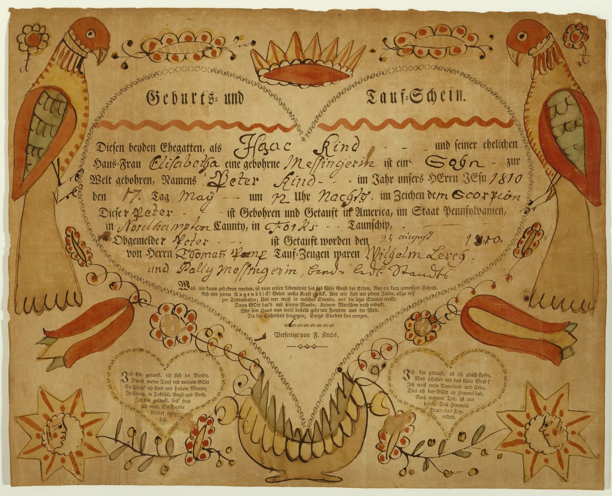 Certificado de nacimiento y bautismo, c. 1790-1800 de Friedrich Krebs