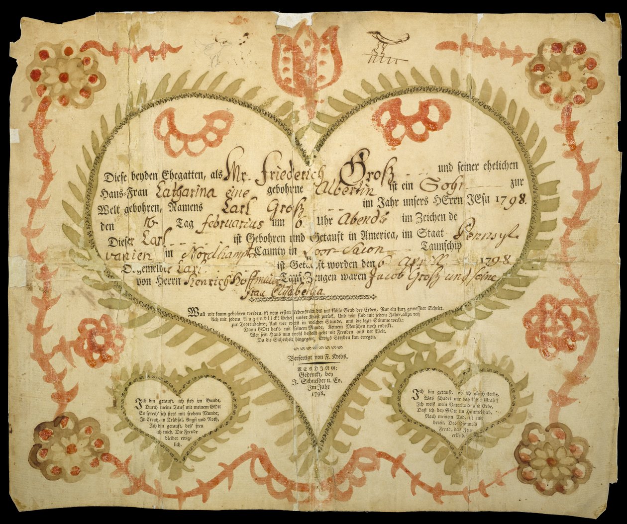 Certificado de nacimiento y bautismo, c. 1800 de Friedrich Krebs