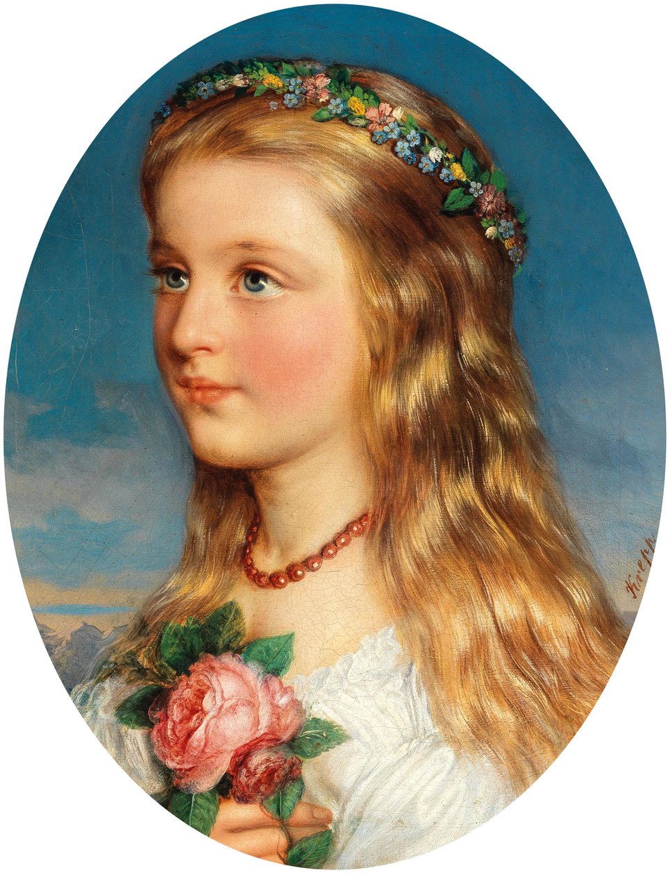 Friedrich Krepp Retrato de niña con corona de flores y rosas de Friedrich Krepp
