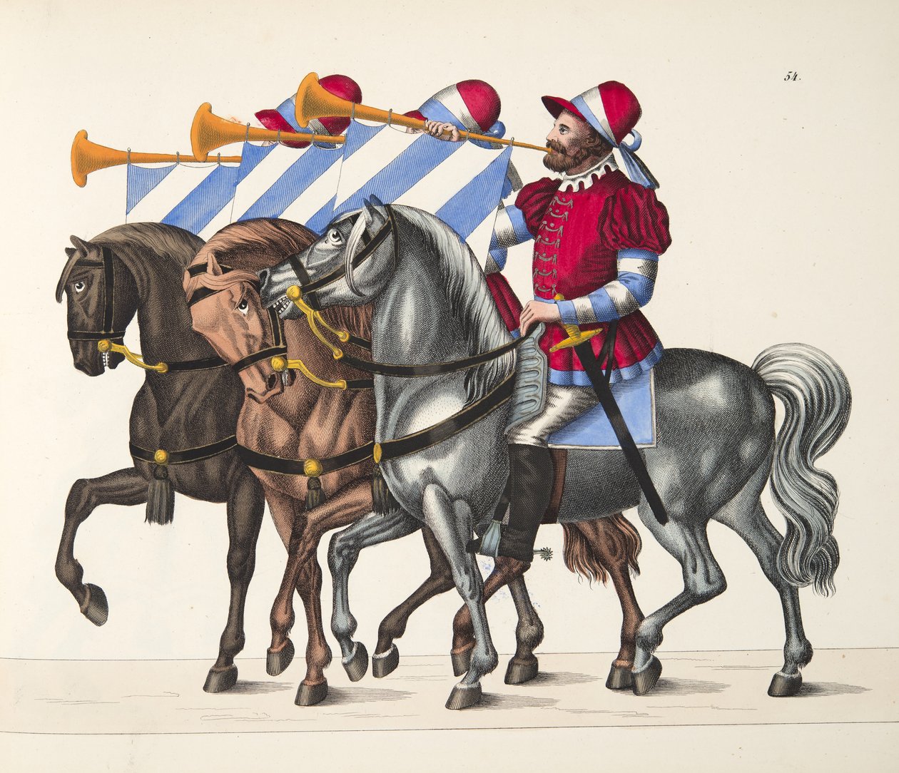 Tres músicos en un torneo, lámina de Una historia del desarrollo y costumbres de la caballería, por Dr. Franz Kottenkamp, publicado por Carl Hoffmann, 1842 de Friedrich Martin von Reibisch