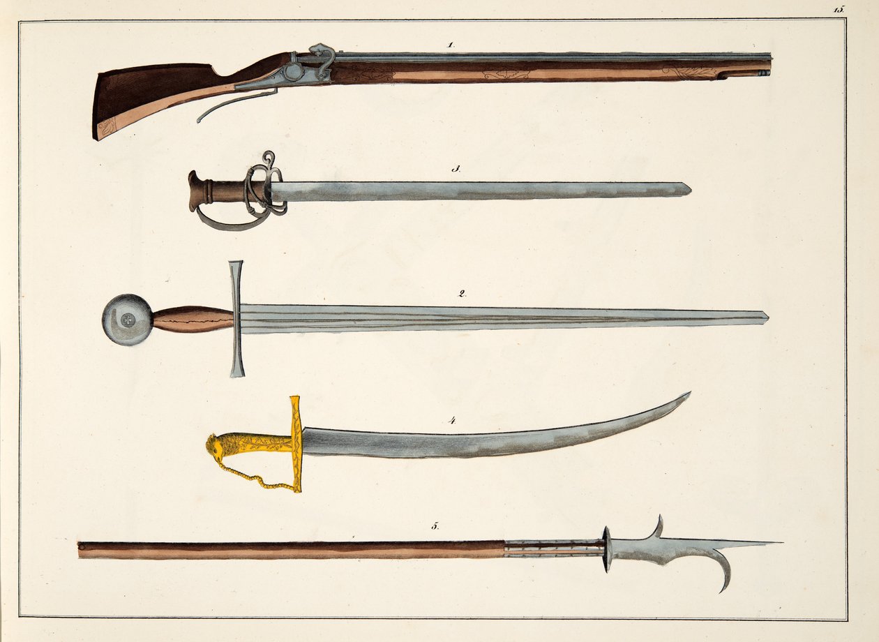 Armas incluyendo espadas y lanzas, c.1400, lámina de Una historia del desarrollo y costumbres de la caballería, por Dr. Franz Kottenkamp, publicado por Carl Hoffmann, 1842 de Friedrich Martin von Reibisch