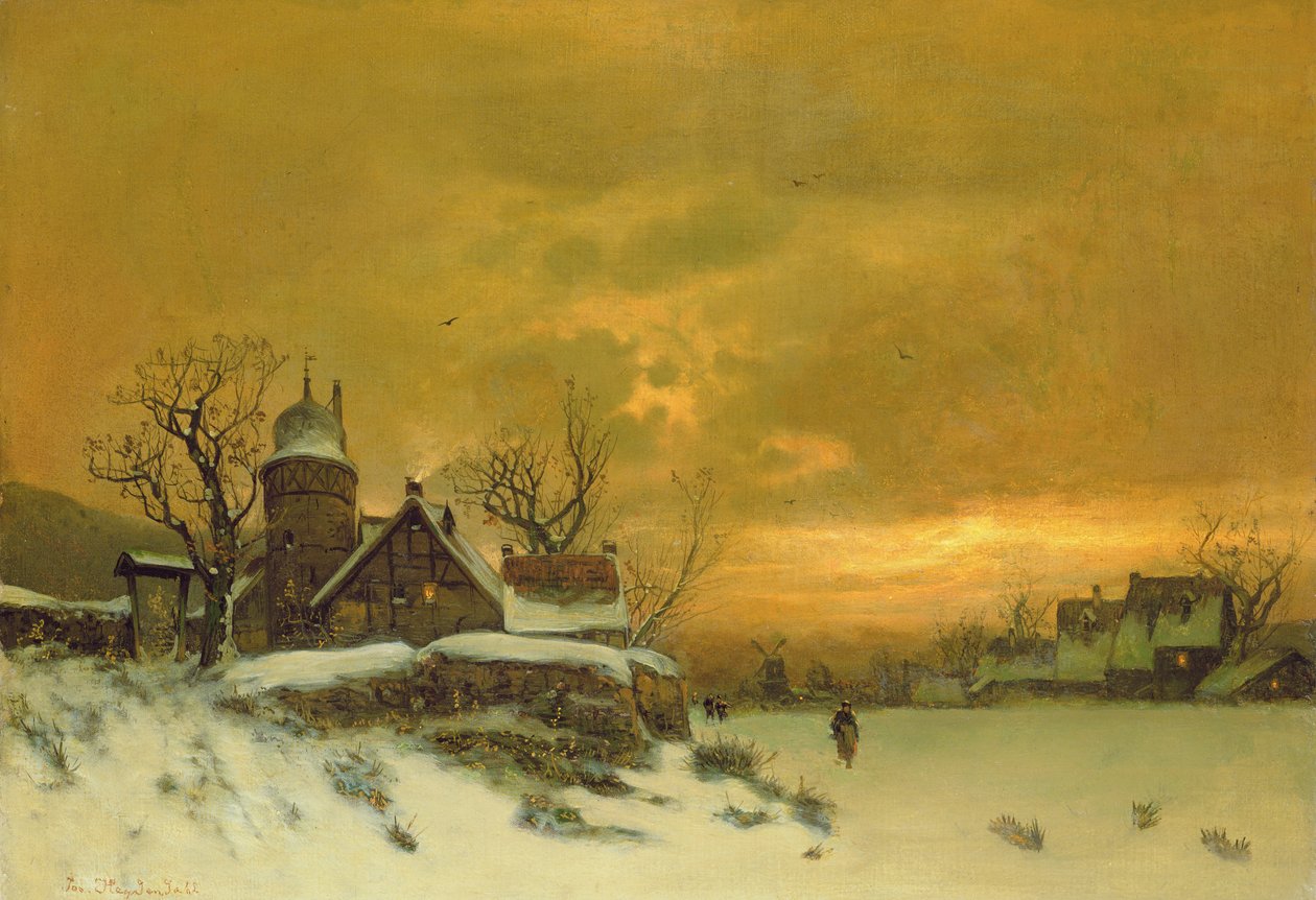 Paisaje invernal con vista de edificios al atardecer de Friedrich Nicolai Joseph Heydendahl
