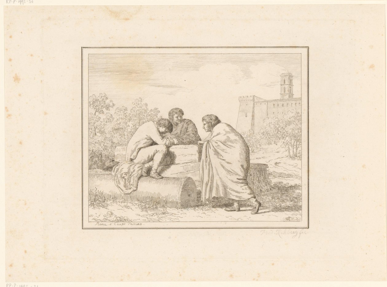 tres jóvenes Escenas de la vida cotidiana en Italia Figura, prese dal vero, ed incise a aqua forte (título de la serie) de Friedrich Rehberg