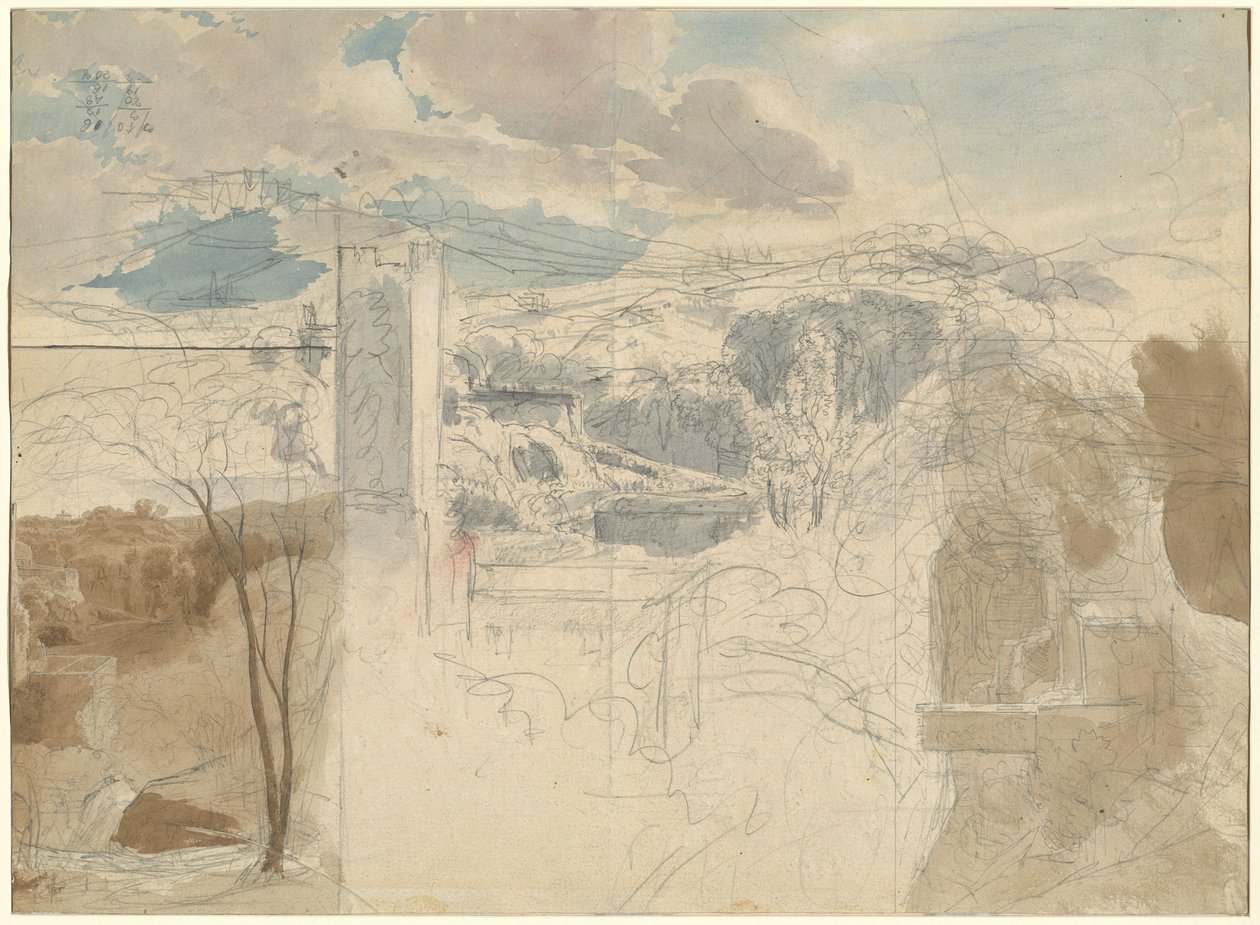Ruinas de una torre fortificada entre colinas boscosas [recto] de Friedrich Salathé