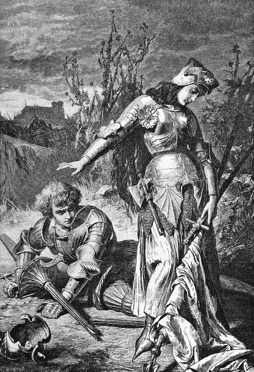 Duelo entre Juana de Arco y Lionel, ilustración para La doncella de Orleans, tragedia de Friedrich Schiller (1759-1805), grabado de Friedrich Schiller