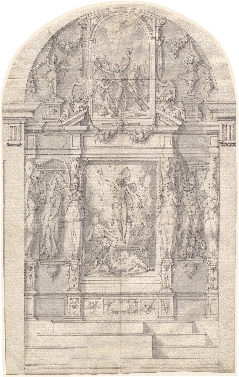 Un altar elaborado con la resurrección de Cristo y el martirio de San Andrés de Friedrich Sustris