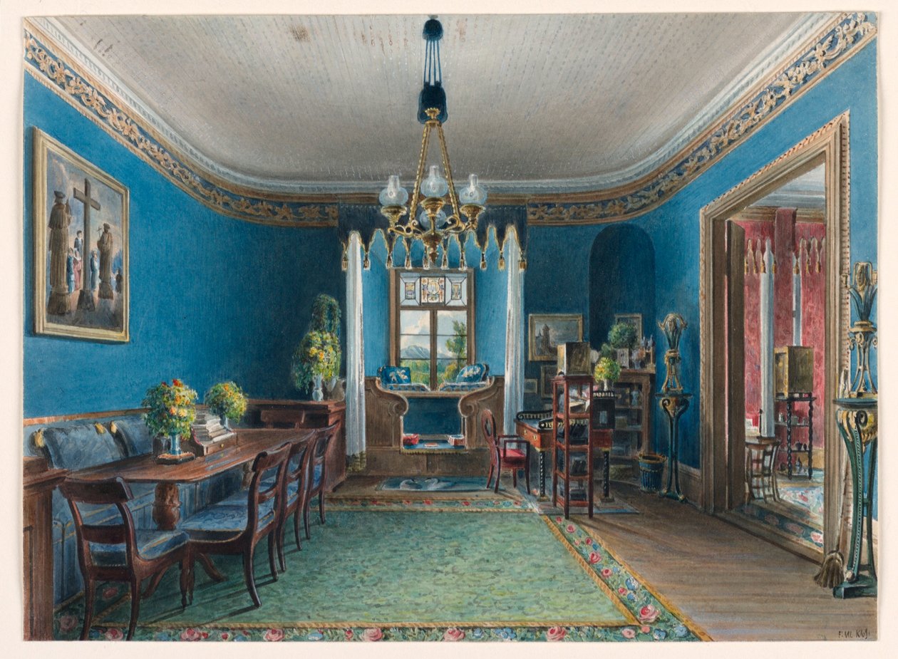 Dibujo, El salón azul, Schloss Fischbach, 1846 de Friedrich Wilhelm Klose