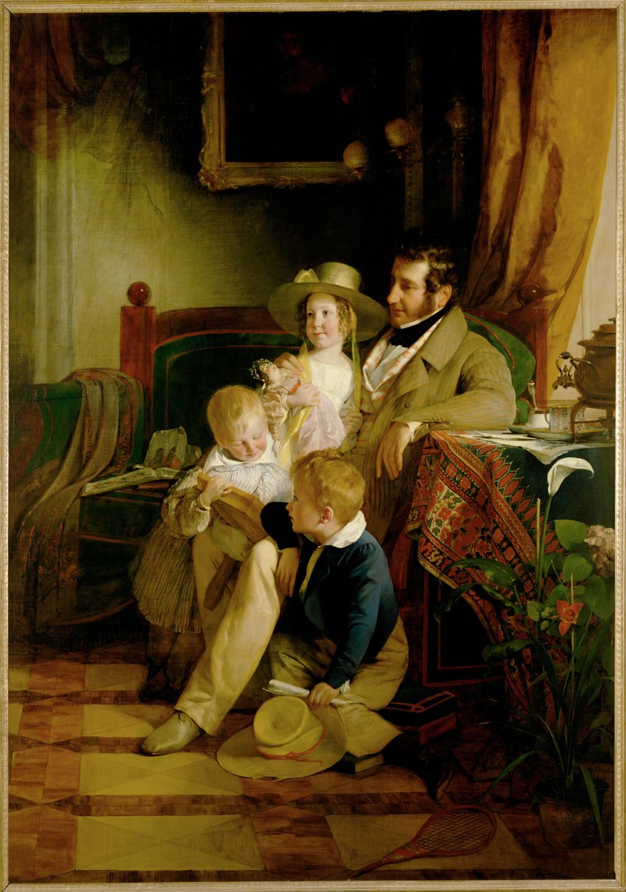Rudolf von Arthaber y sus hijos Rudolf Emilie y Gustav, mirando el retrato de su difunta esposa y madre ... (pintura sobre lienzo) de Friedrich von Amerling