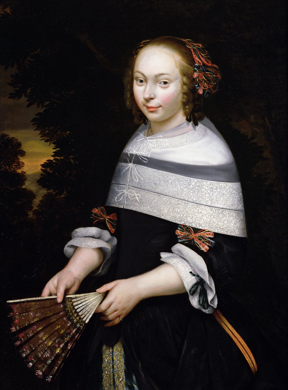 Retrato de una joven con un abanico, un paisaje al fondo, c.1650 de Friesian School