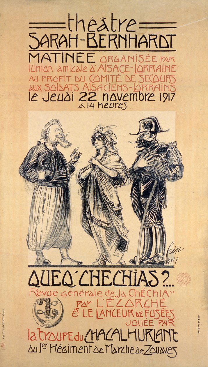 Póster anunciando una función benéfica en el Teatro Sarah Bernhardt, París, para ayudar a los soldados de Alsacia-Lorena, 1917 de Frip