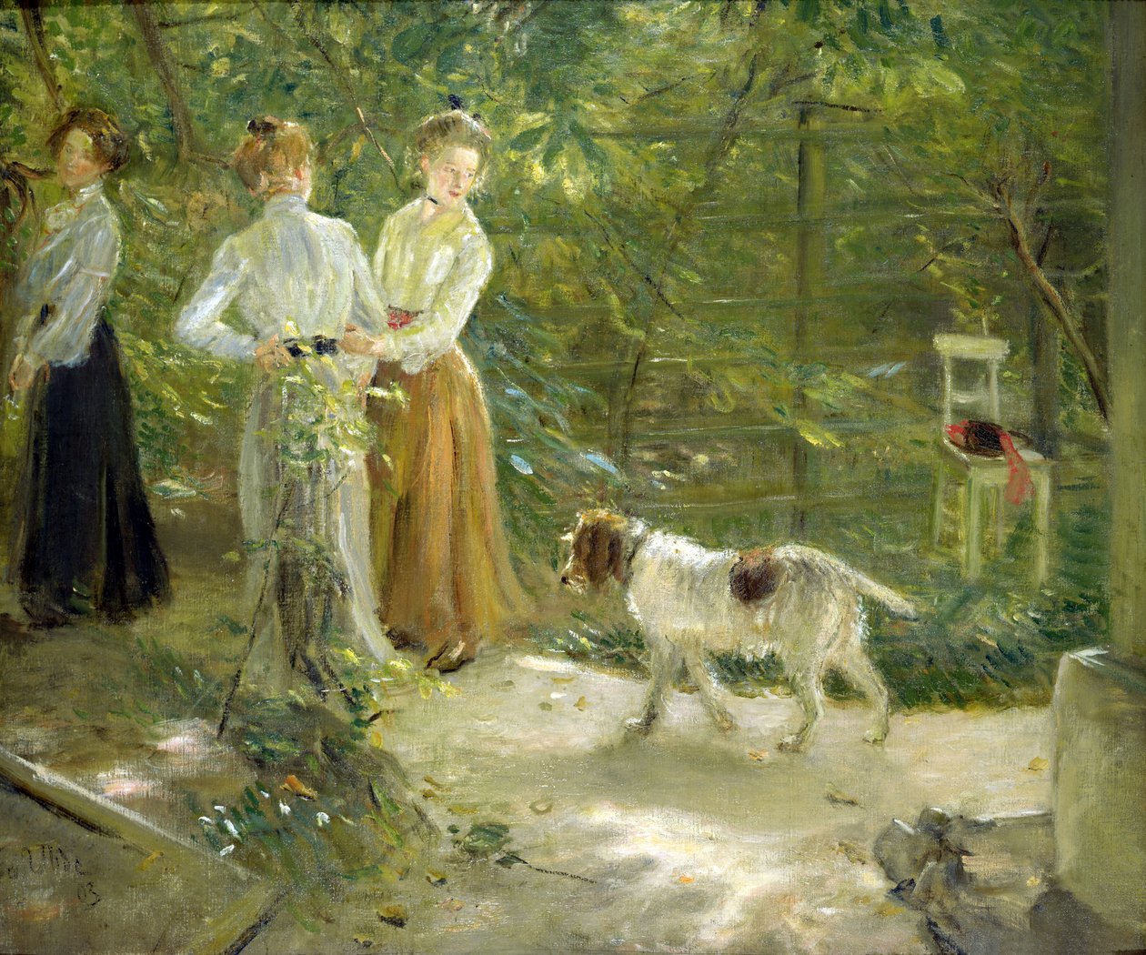 Vista del jardín del artista con sus hijas, 1903 de Fritz von Uhde