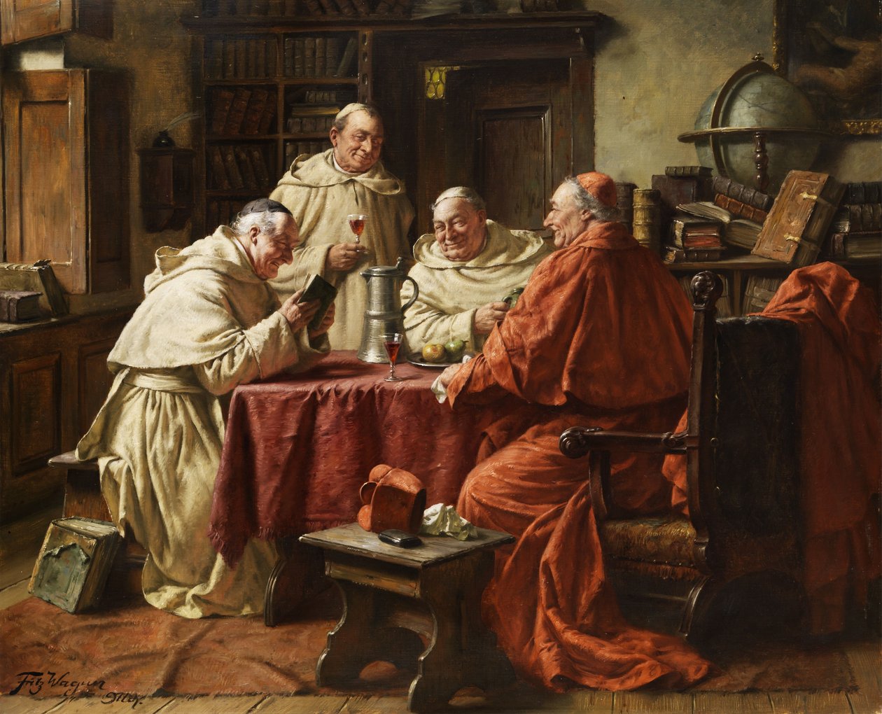 Cardenal con monjes en una biblioteca del monasterio de Fritz Wagner