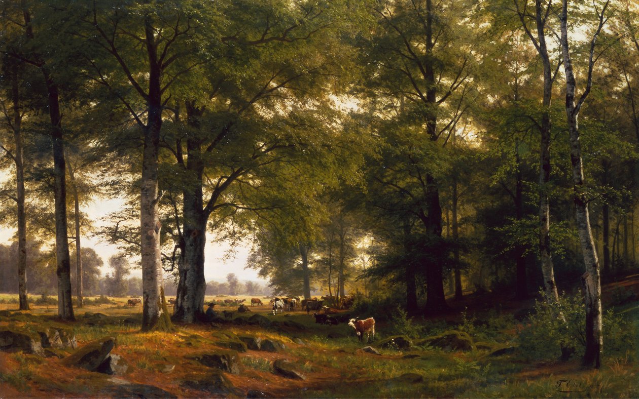 Un paisaje boscoso con un pastor de vacas de Fritz Carl Werner Ebel
